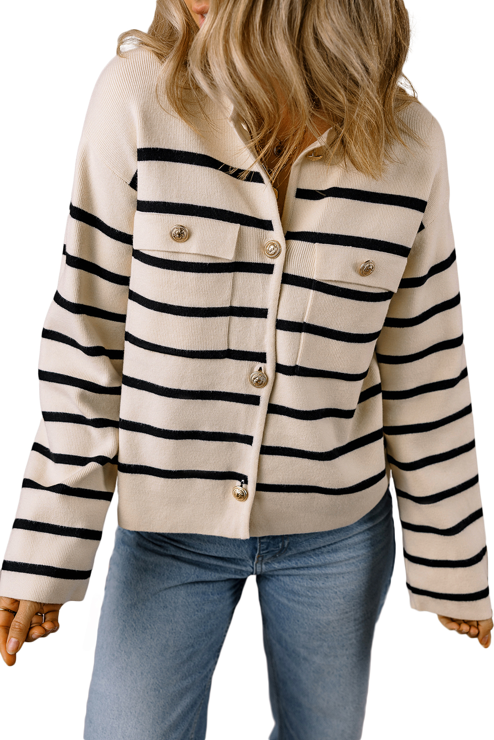 Women's Classic Black Stripe Flap Pocket Buttoned Cardigan Sweater - Main View Women's Classic Black Stripe Flap Pocket Buttoned Cardigan Sweater - Main View