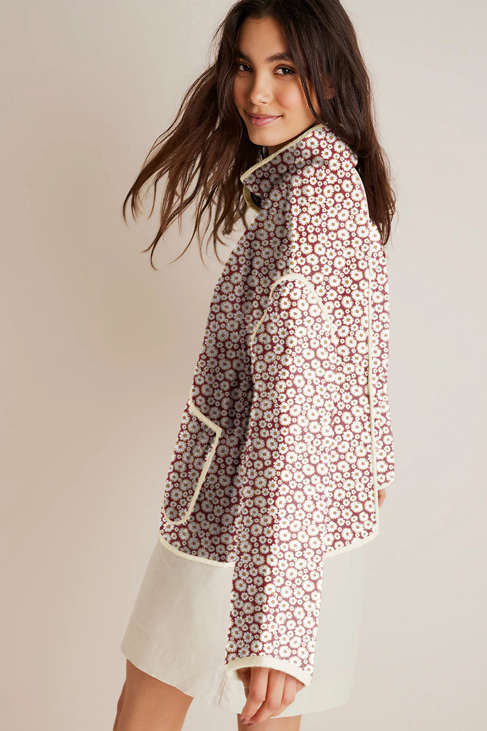 Vibrant Floral Print County-Style Coat - Pink with Contrast Edge Detail - Detail View 2 Vibrant Floral Print County-Style Coat - Pink with Contrast Edge Detail - Detail View 2