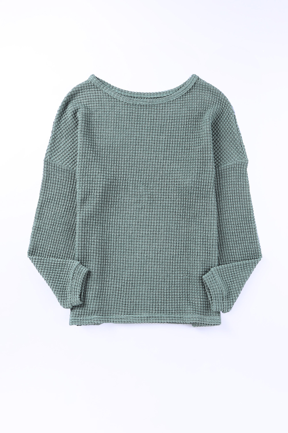 Chic and Comfy: Green Waffle Knit Long Sleeve Top for Women - Detail View 7 Chic and Comfy: Green Waffle Knit Long Sleeve Top for Women - Detail View 7