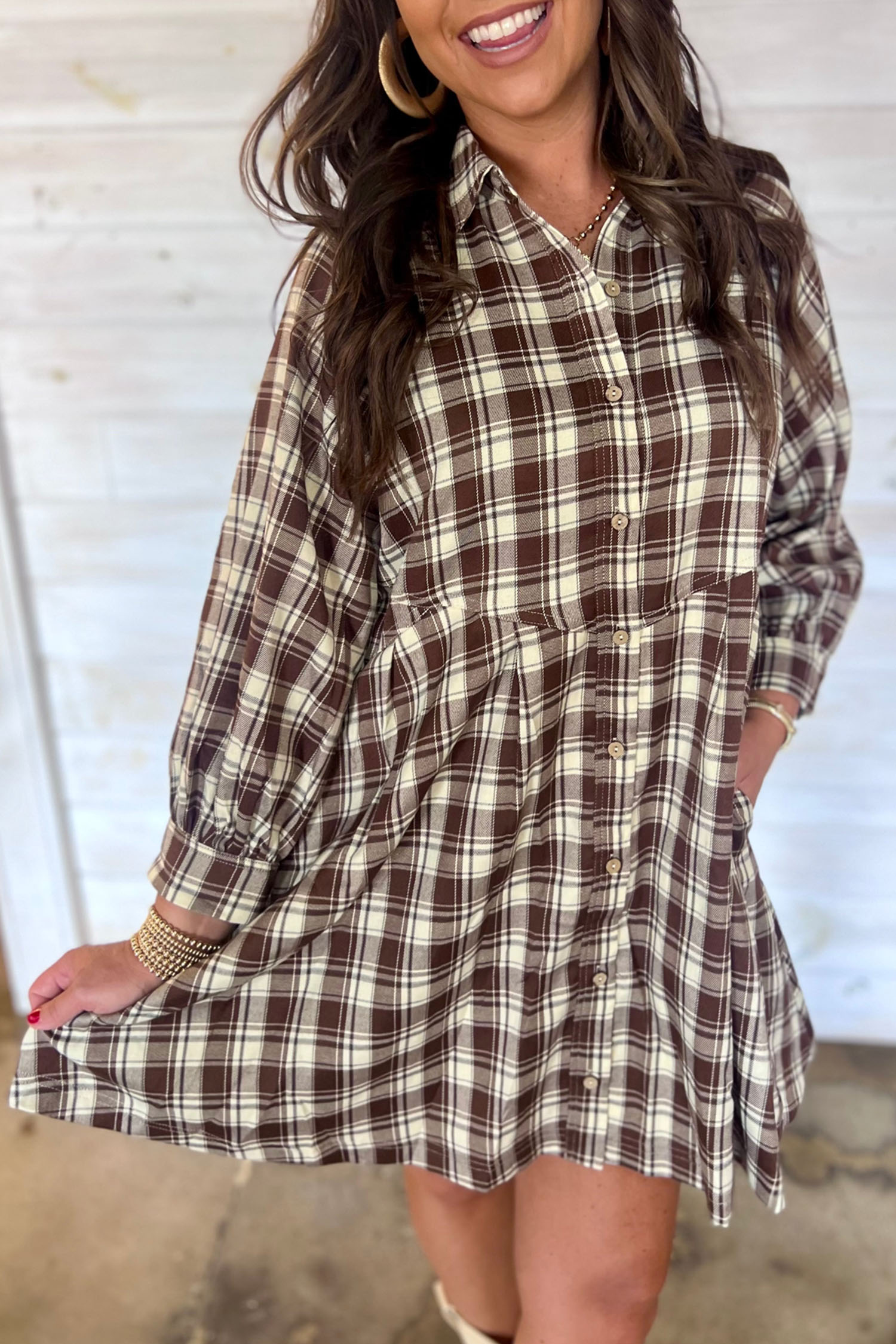 Women's Vintage Plaid Dress, Preppy Brown Autumn Shift - Detail View 8 Women's Vintage Plaid Dress, Preppy Brown Autumn Shift - Detail View 8