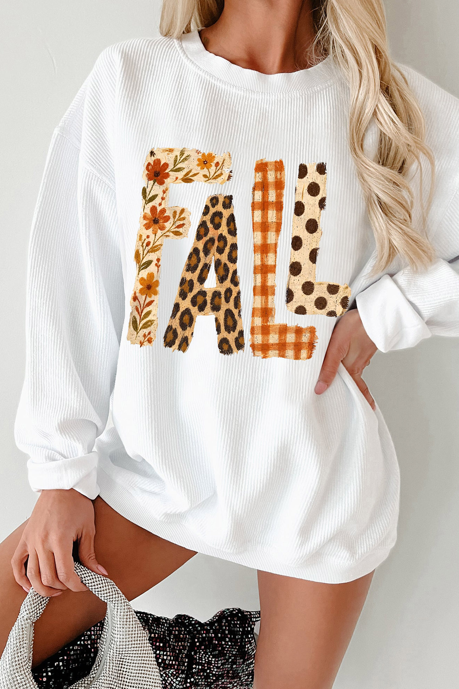 White Corded Fall Sweatshirt, Letter Pattern Long Sleeve Tee - Detail View 2 White Corded Fall Sweatshirt, Letter Pattern Long Sleeve Tee - Detail View 2