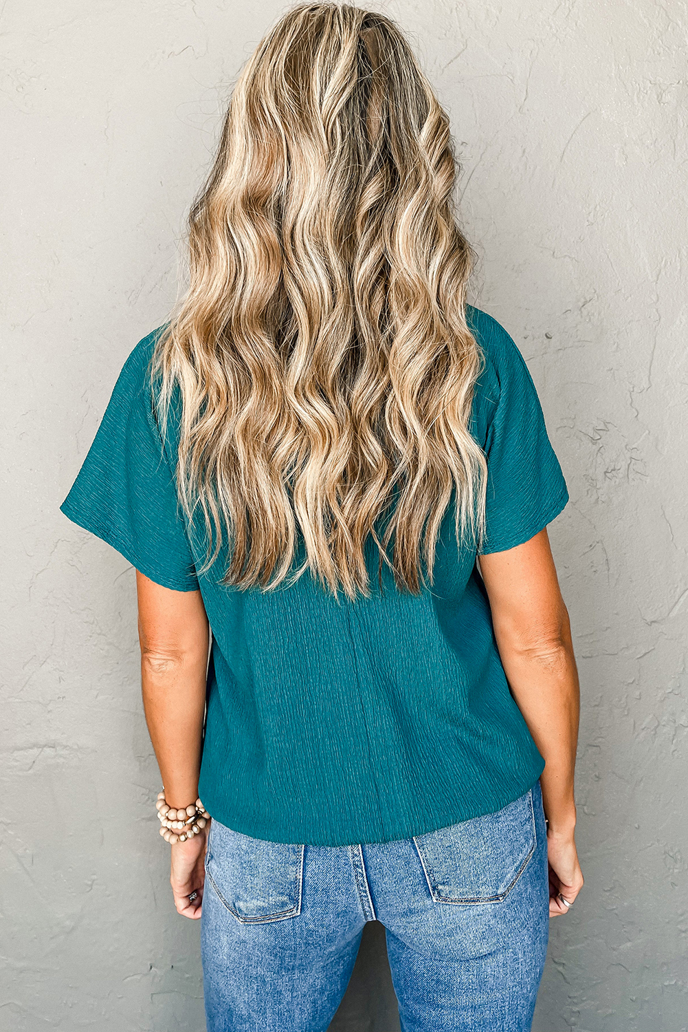Women's Textured V Neck T-shirt, Basic Blue Sapphire Short Tee - Detail View 3 Women's Textured V Neck T-shirt, Basic Blue Sapphire Short Tee - Detail View 3