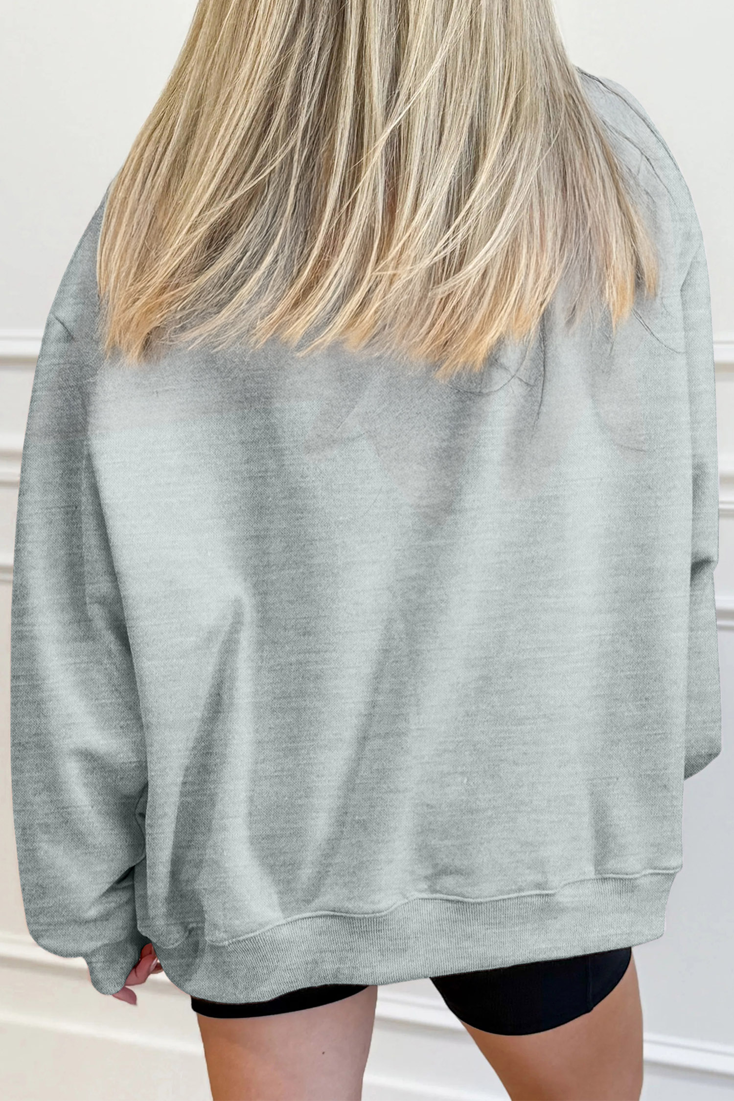 Oversized Reindeer Graphic Top, Cozy Gray Fall Sweatshirt - Detail View 2 Oversized Reindeer Graphic Top, Cozy Gray Fall Sweatshirt - Detail View 2