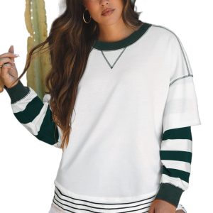 Women's White Stripe Colorblock Sleeve Exposed Seam Fake-2-Piece Sweatshirt - Main View