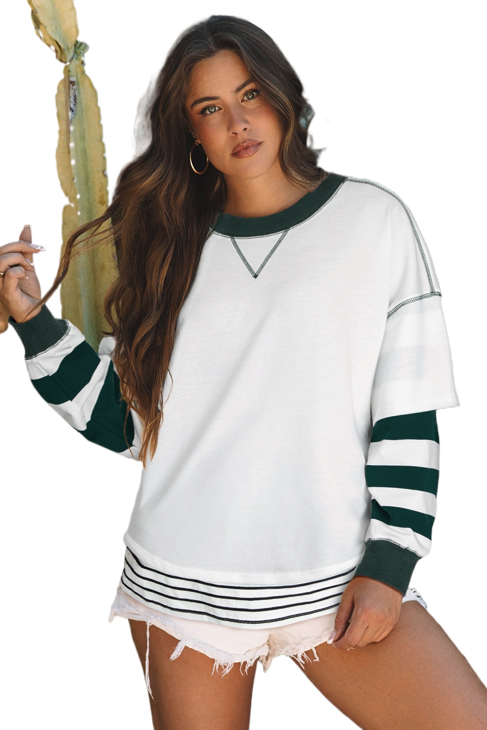 Women's White Stripe Colorblock Sleeve Exposed Seam Fake-2-Piece Sweatshirt - Main View Women's White Stripe Colorblock Sleeve Exposed Seam Fake-2-Piece Sweatshirt - Main View