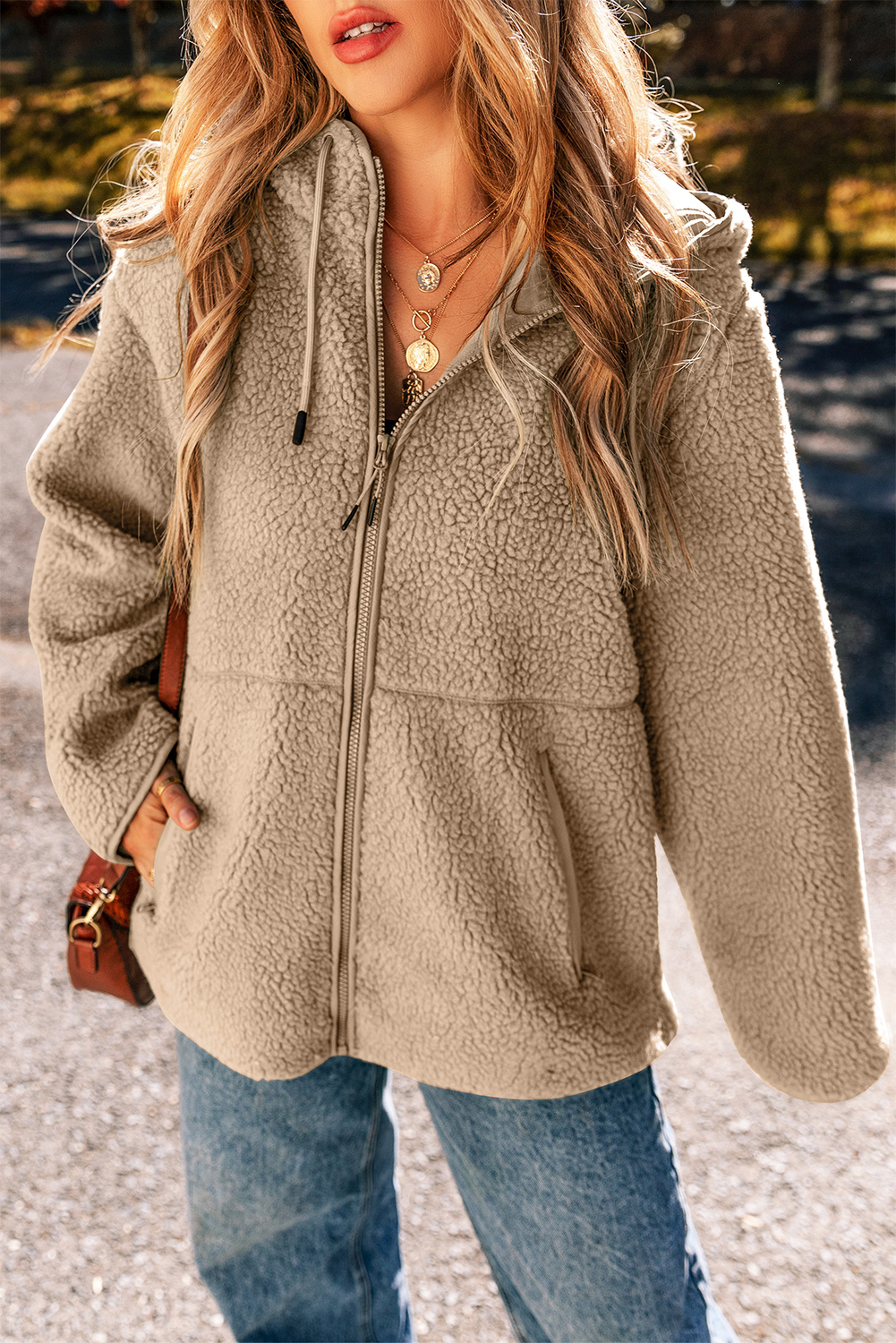 Women's Jacket, Pale Khaki, Fleece Zip Up, Drawstring Hood, Pocketed, Casual, Winter Wear, Long Sleeve, Cozy, Daily Use, Solid Color, Layering, Outerwear - Detail View 12 Women's Jacket, Pale Khaki, Fleece Zip Up, Drawstring Hood, Pocketed, Casual, Winter Wear, Long Sleeve, Cozy, Daily Use, Solid Color, Layering, Outerwear - Detail View 12