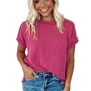 Women's Rose Red Knit T-Shirt, Casual Textured Short Sleeve - Main View