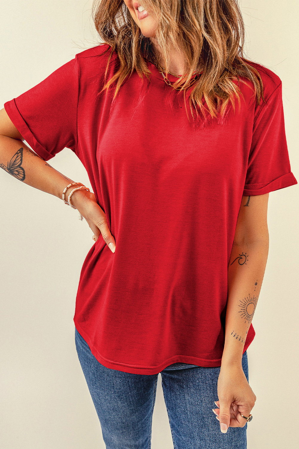 Women's Red Crew Neck Tee, Casual Short Sleeve Summer Top - Detail View 4 Women's Red Crew Neck Tee, Casual Short Sleeve Summer Top - Detail View 4