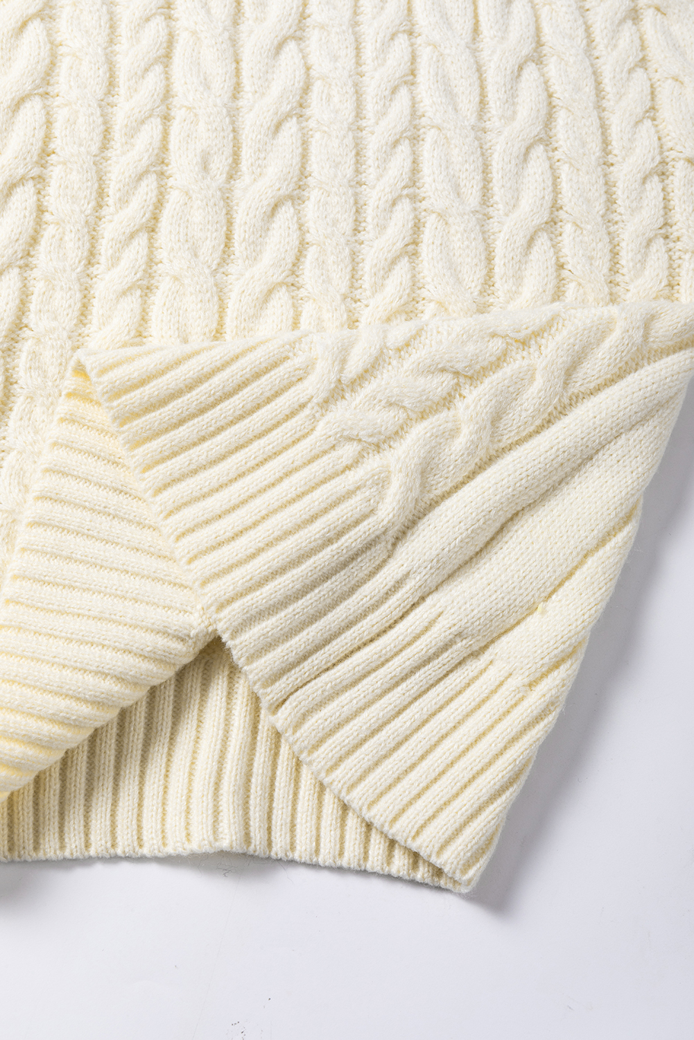 Women's High Neck Cable Knit Vest, Solid Oatmeal Layering - Detail View 12 Women's High Neck Cable Knit Vest, Solid Oatmeal Layering - Detail View 12
