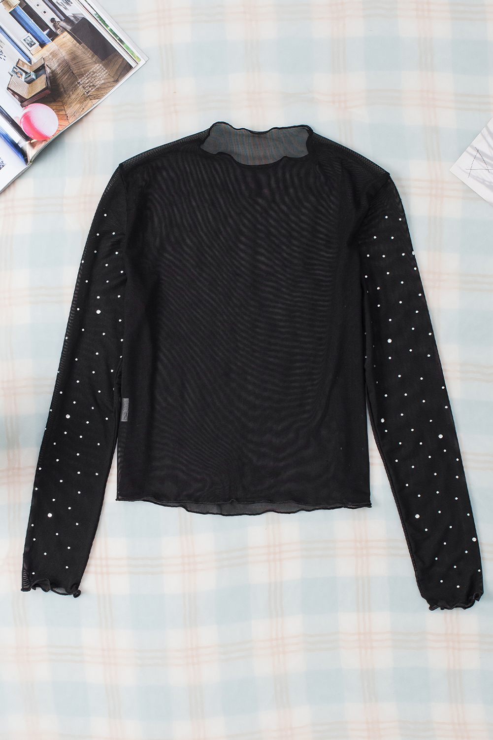 Long Sleeve Mesh Party Top, Women's Stand Neck Glitter Shirt - Detail View 9 Long Sleeve Mesh Party Top, Women's Stand Neck Glitter Shirt - Detail View 9