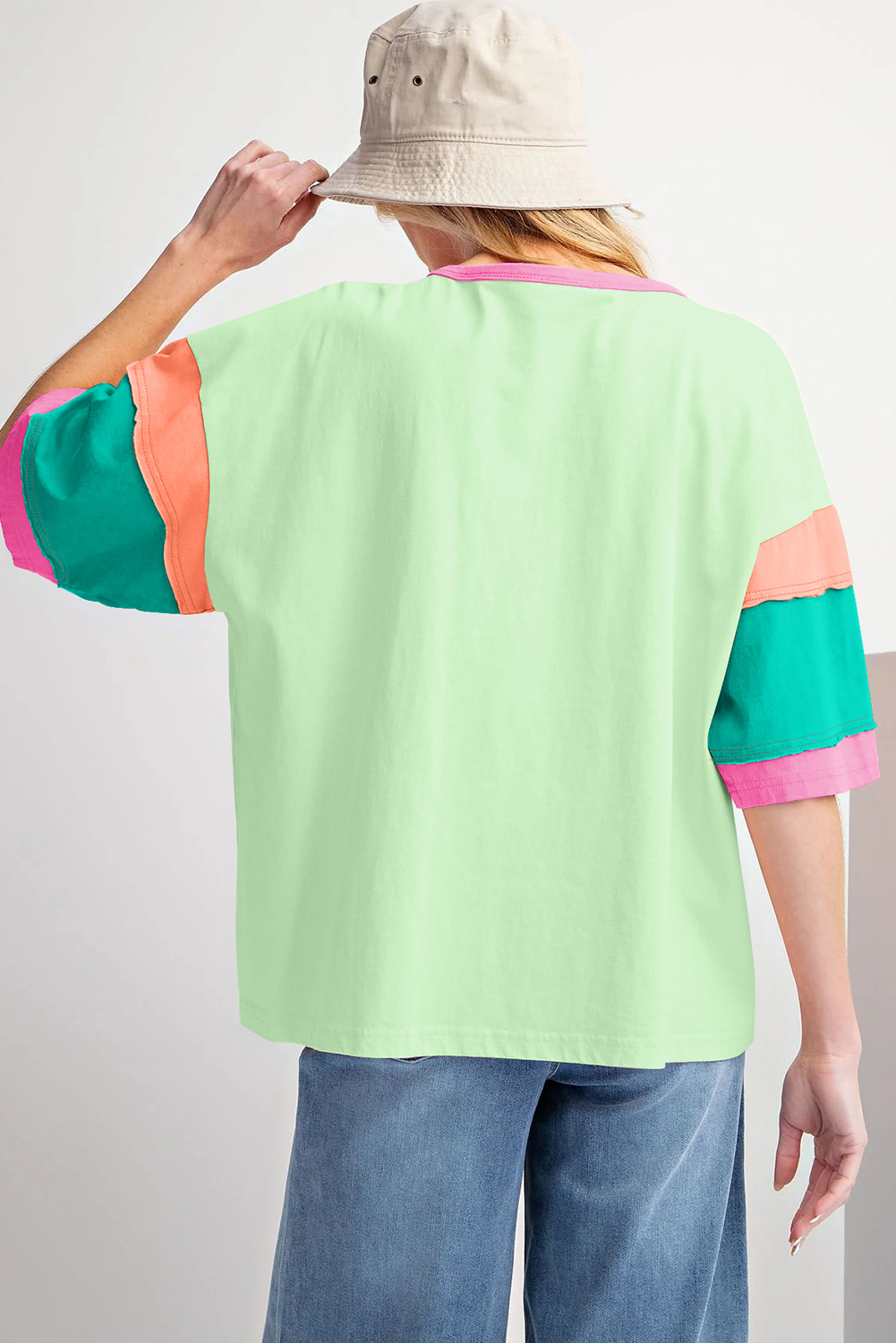 Oversized Patchwork T-Shirt, Trendy Green Color Block Blouse - Detail View 2 Oversized Patchwork T-Shirt, Trendy Green Color Block Blouse - Detail View 2