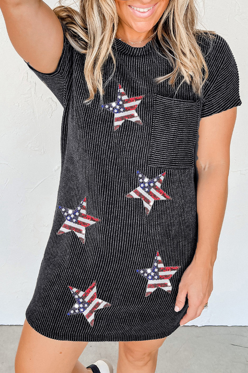Gray Ribbed Shift T-shirt Dress, Patriotic Star Sequin Print - Detail View 2 Gray Ribbed Shift T-shirt Dress, Patriotic Star Sequin Print - Detail View 2