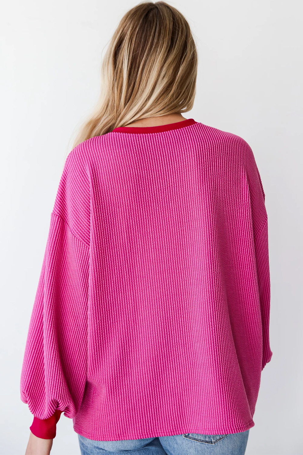 Stylish and Comfortable Long Sleeve Top - Bright Pink Colorblock Design - Detail View 3 Stylish and Comfortable Long Sleeve Top - Bright Pink Colorblock Design - Detail View 3