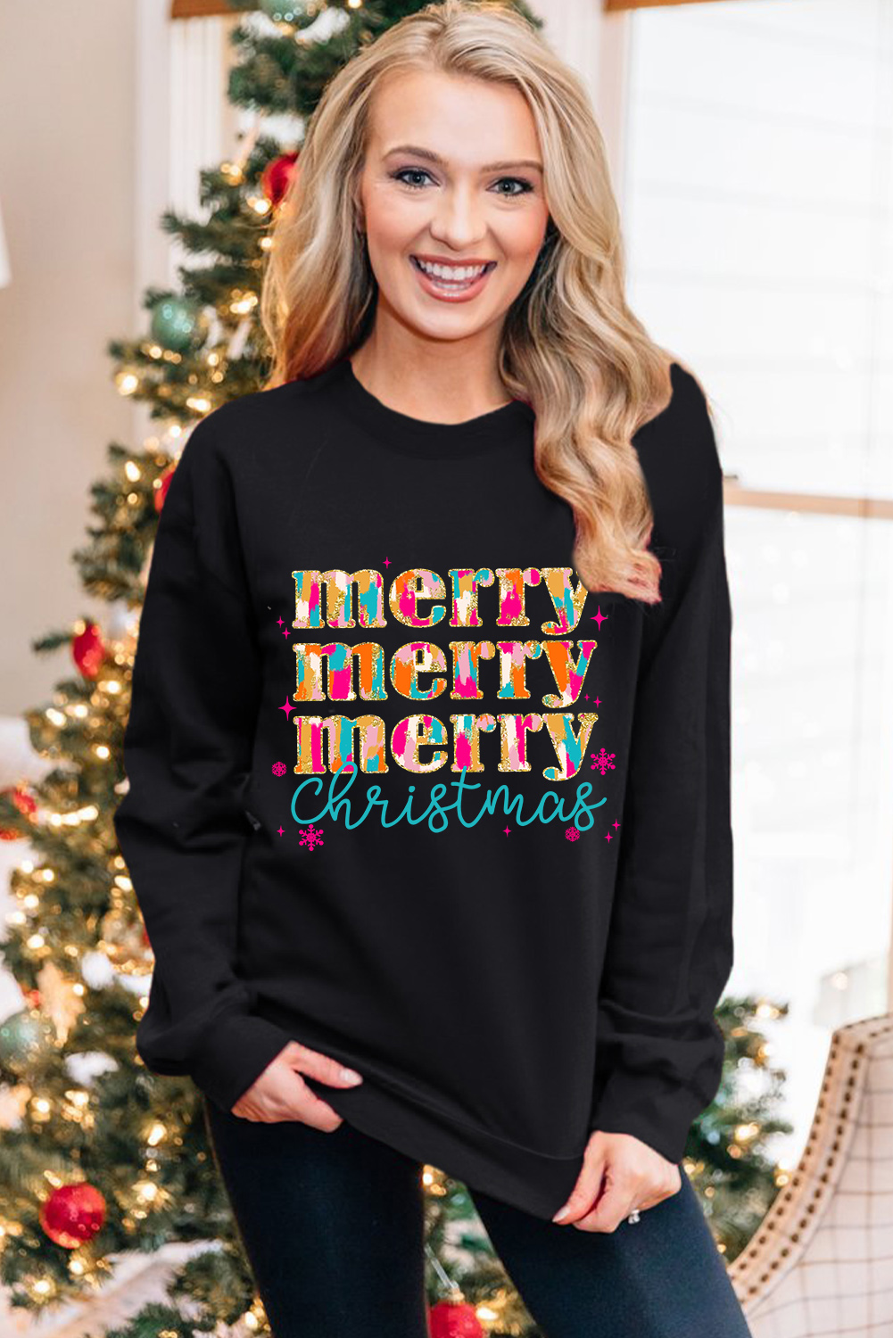 Cozy and Comfortable Black Christmas Sweatshirt with Vibrant Letter Print - Detail View 3 Cozy and Comfortable Black Christmas Sweatshirt with Vibrant Letter Print - Detail View 3