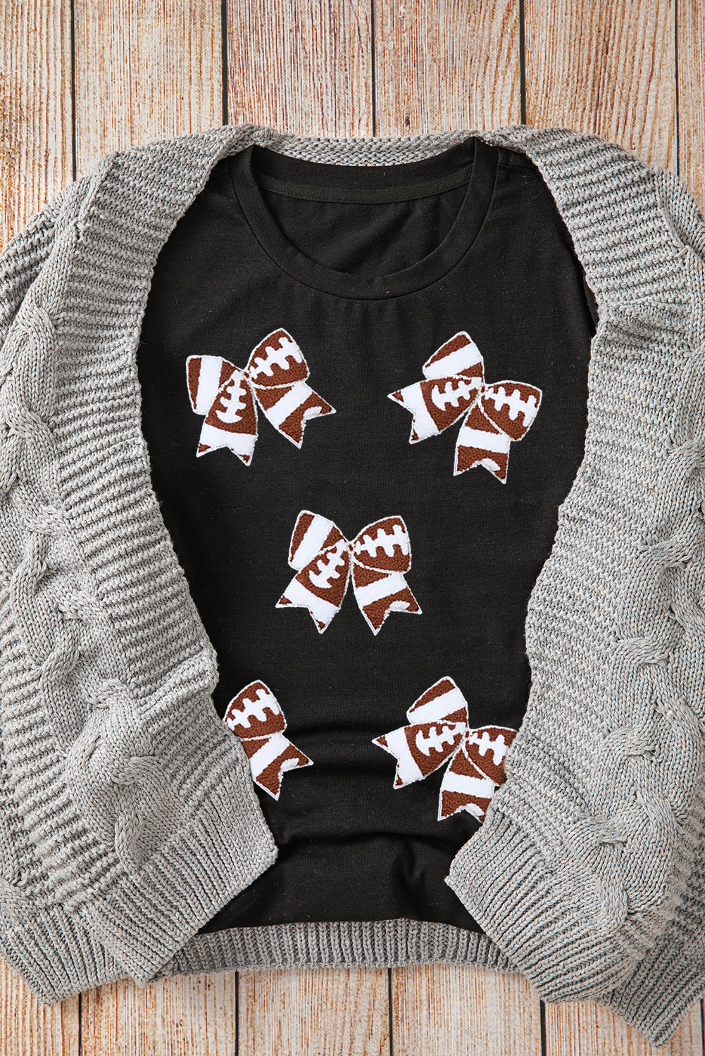 Comfy and Stylish Game Day Shirt: Black Rugby Football Tee with Bowknot - Detail View 8 Comfy and Stylish Game Day Shirt: Black Rugby Football Tee with Bowknot - Detail View 8