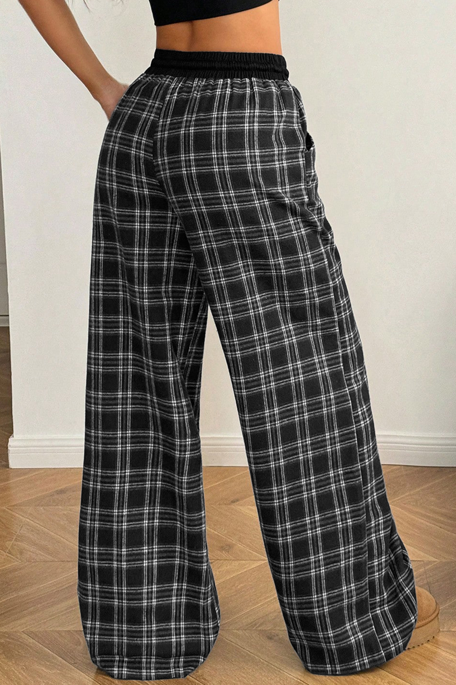 Women's Plaid Contrast Pants, High Waist Wide Leg - Detail View 5 Women's Plaid Contrast Pants, High Waist Wide Leg - Detail View 5