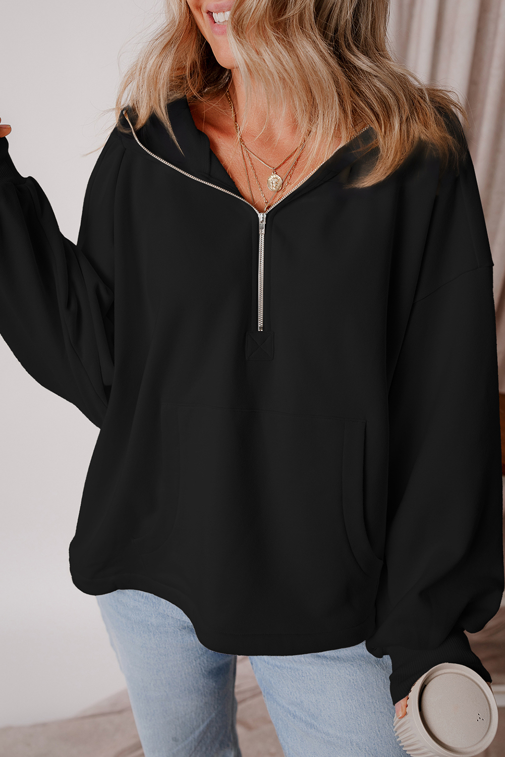 Cozy Black Hoodie with Fleece Lining and Half Zipper for Easy Style - Detail View 6 Cozy Black Hoodie with Fleece Lining and Half Zipper for Easy Style - Detail View 6