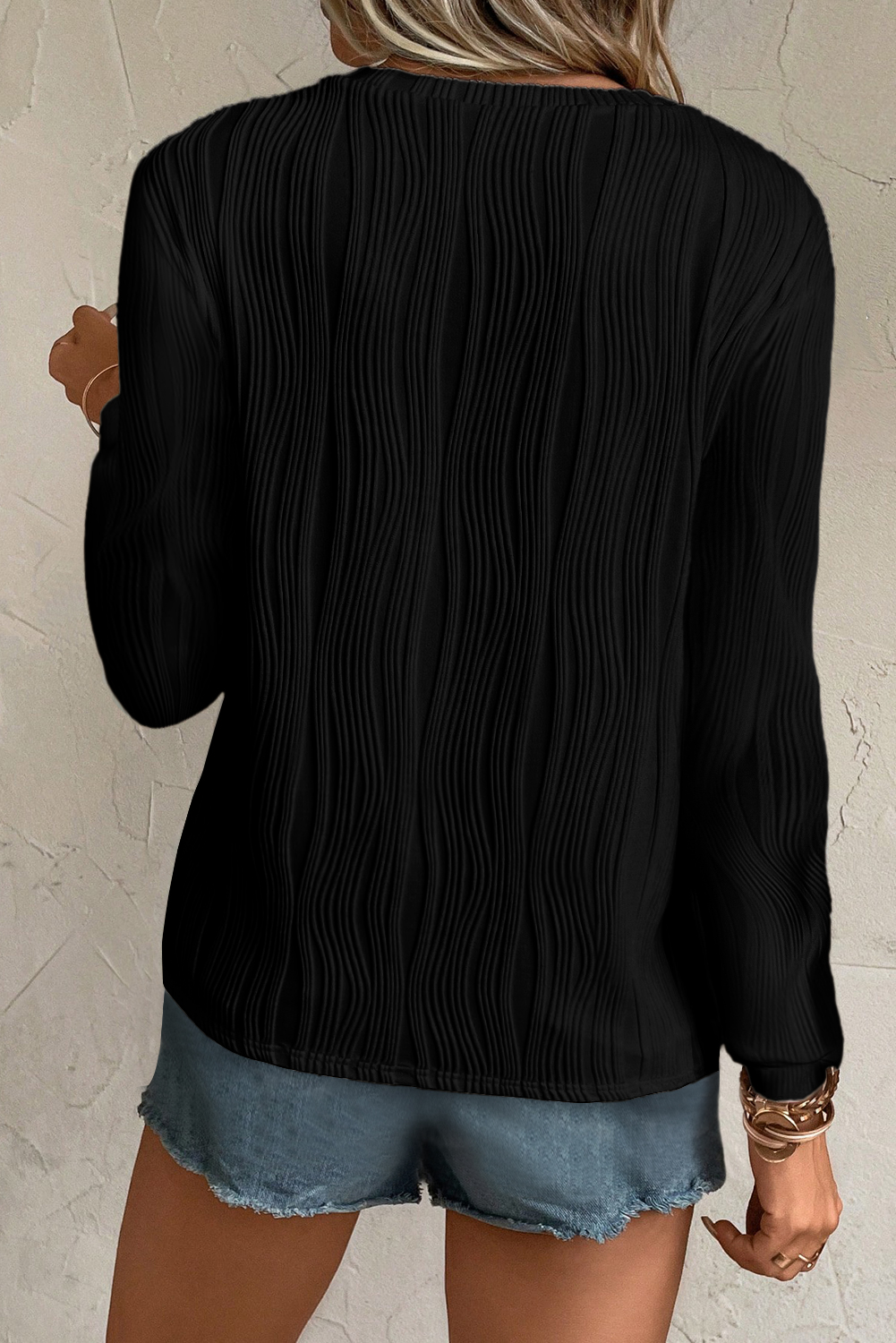 Classic Round Neck Long Sleeve Top - Textured Black - Detail View 2 Classic Round Neck Long Sleeve Top - Textured Black - Detail View 2