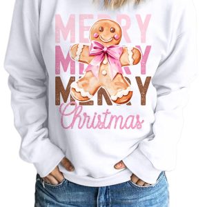 Women's Beige Merry Christmas Gingerbread Man Graphic Sweatshirt - Main View