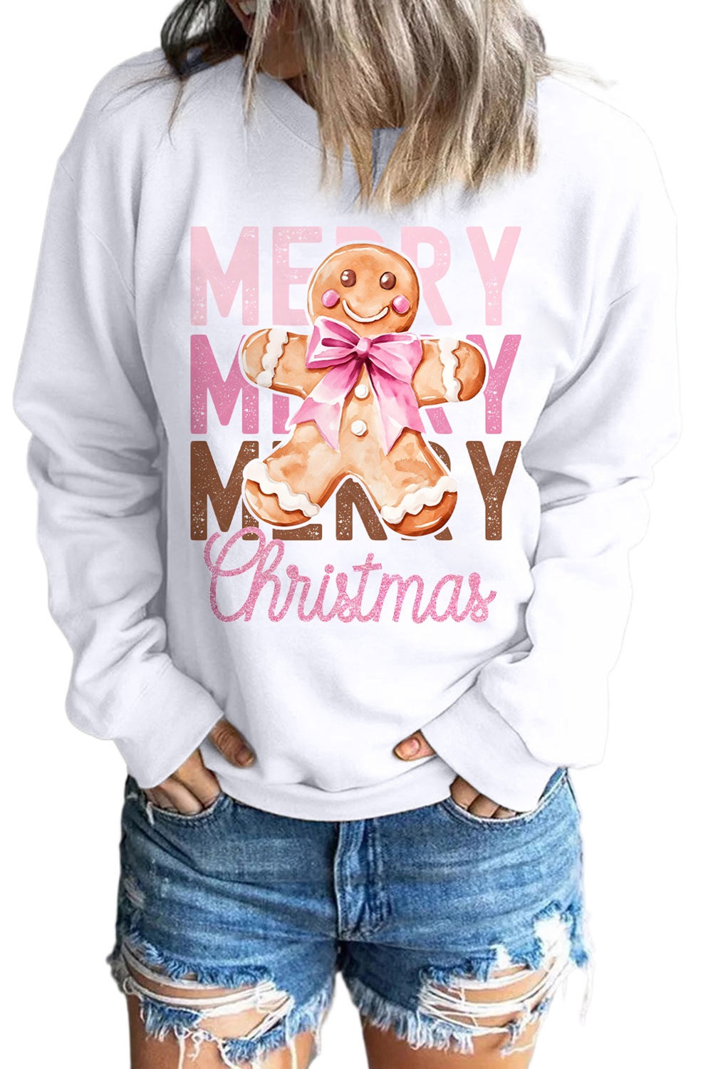 Women's Beige Merry Christmas Gingerbread Man Graphic Sweatshirt - Main View Women's Beige Merry Christmas Gingerbread Man Graphic Sweatshirt - Main View