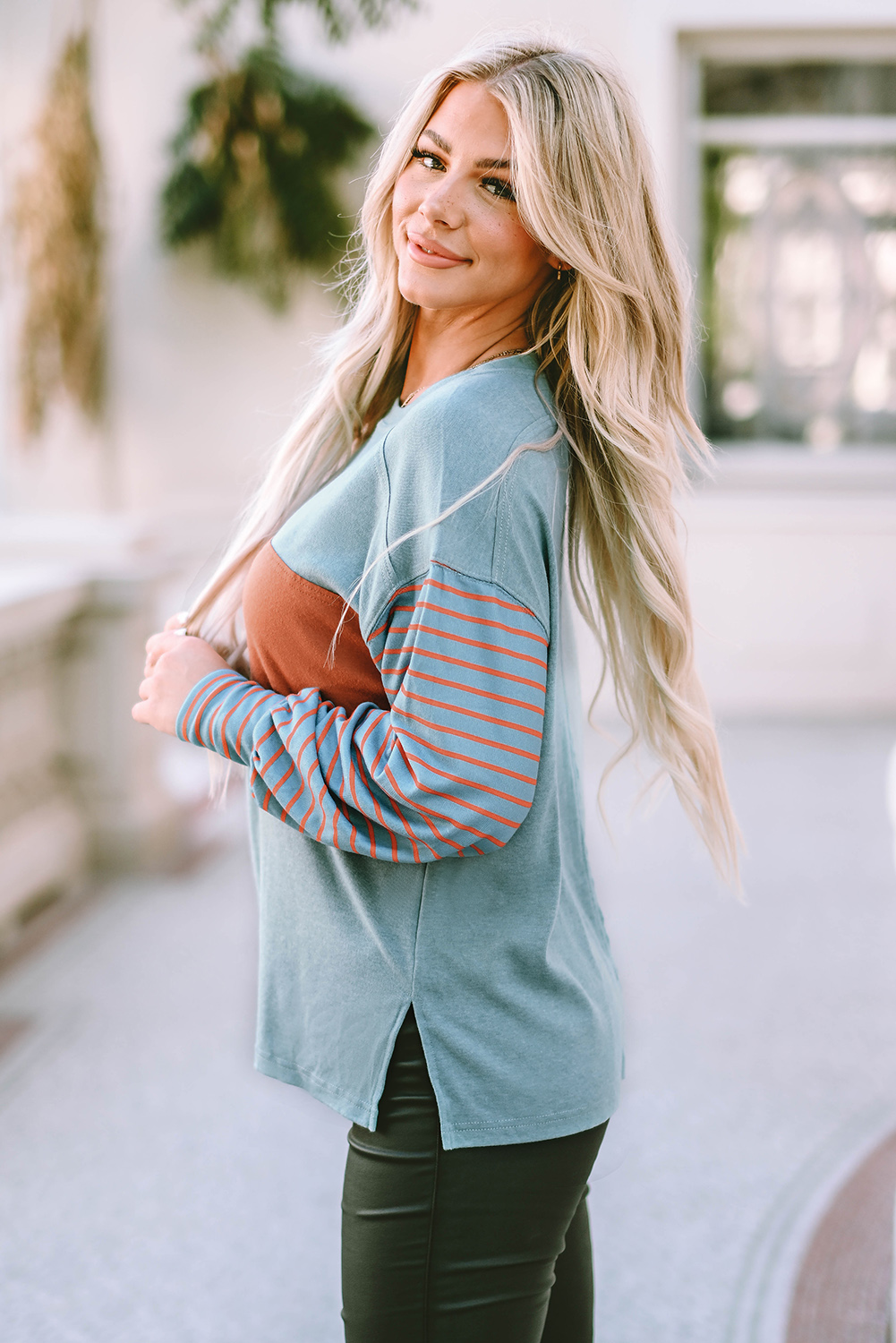 Women's Striped Colorblock Top, Casual Long Sleeve Crewneck - Detail View 7 Women's Striped Colorblock Top, Casual Long Sleeve Crewneck - Detail View 7