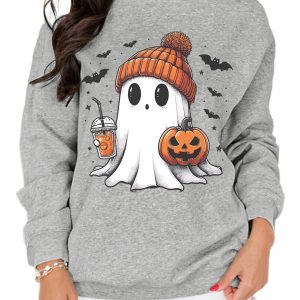 Women's Gray Halloween Ghost Print Crewneck Drop Shoulder Sweatshirt - Main View