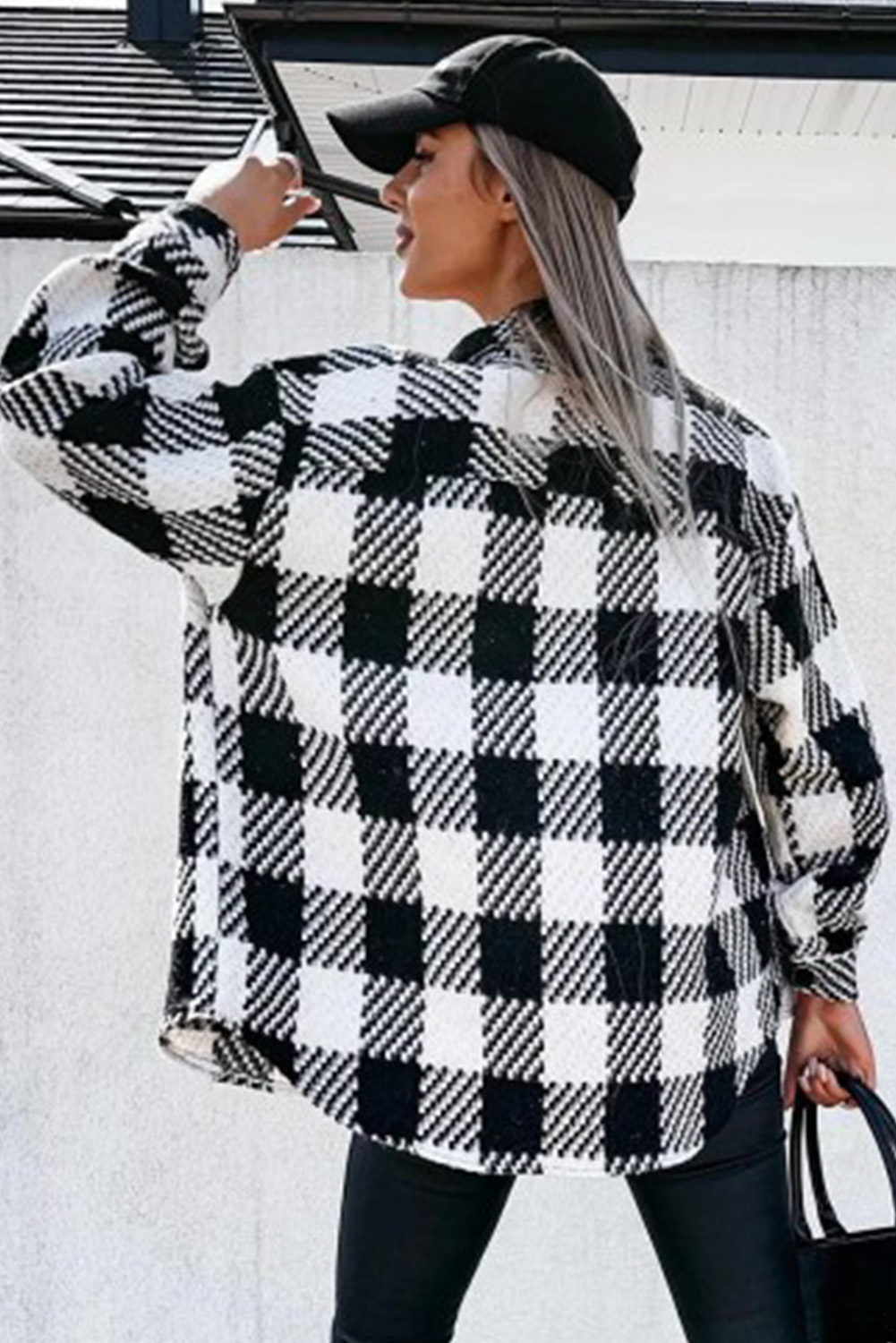 Women's Black Plaid Shacket, Textured Button Front Jacket - Detail View 7 Women's Black Plaid Shacket, Textured Button Front Jacket - Detail View 7