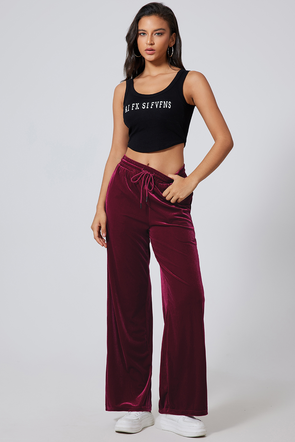 Versatile and Chic Women's Velvet Wide Leg Pants - Burgundy - Detail View 8 Versatile and Chic Women's Velvet Wide Leg Pants - Burgundy - Detail View 8