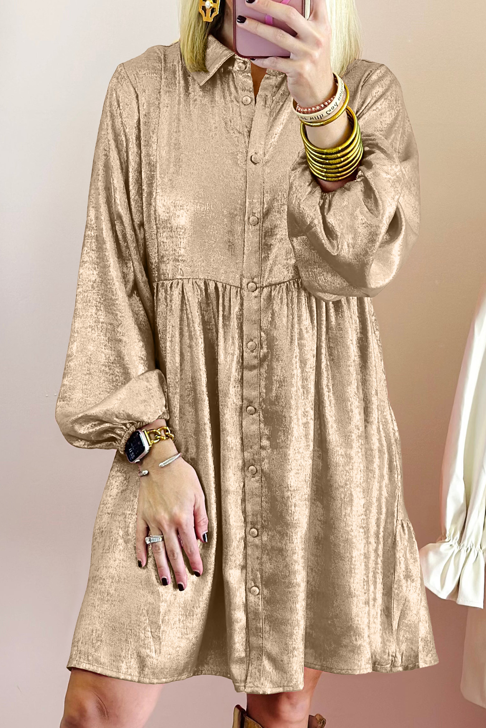 Elegant Apricot Metallic Mini Dress with Puff Sleeves and Button Front - Detail View 2 Elegant Apricot Metallic Mini Dress with Puff Sleeves and Button Front - Detail View 2