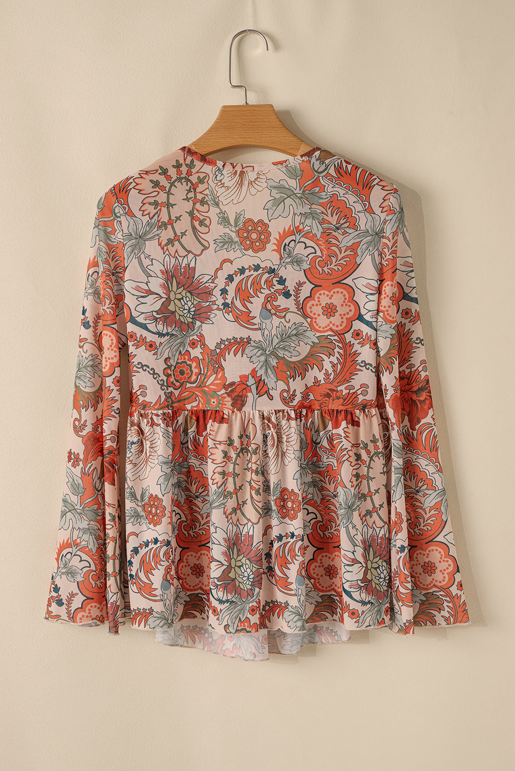Women's Blouse, Orange Floral, Deep V Neck, Knot Detail, Bell Sleeves, Casual Chic, Spring Fashion, Feminine Style, Shift Silhouette, Long Sleeve, Bohemian Style, Beach Outfit, Vacation Wear, Trendy Top, Comfortable Fabric - Detail View 4 Women's Blouse, Orange Floral, Deep V Neck, Knot Detail, Bell Sleeves, Casual Chic, Spring Fashion, Feminine Style, Shift Silhouette, Long Sleeve, Bohemian Style, Beach Outfit, Vacation Wear, Trendy Top, Comfortable Fabric - Detail View 4