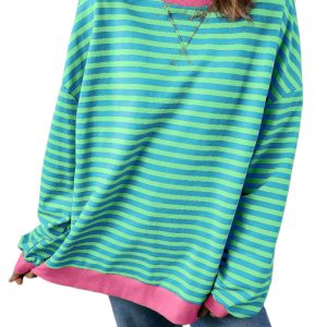 Women's Sky Blue Stripe Oversized Contrast Trim Pullover Sweatshirt - Main View