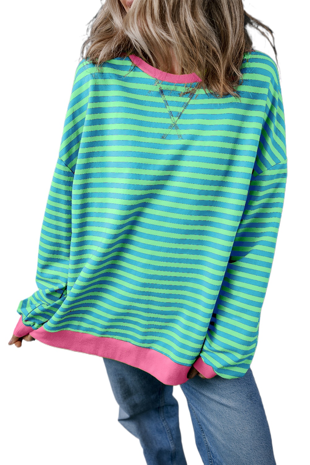 Women's Sky Blue Stripe Oversized Contrast Trim Pullover Sweatshirt - Main View Women's Sky Blue Stripe Oversized Contrast Trim Pullover Sweatshirt - Main View