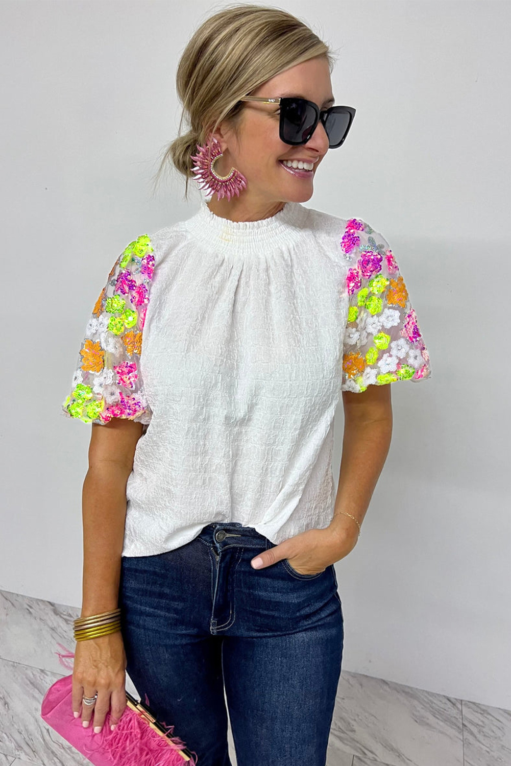 Elegant Short Sleeve Blouse: White Sequined with Smocked Collar - Detail View 7 Elegant Short Sleeve Blouse: White Sequined with Smocked Collar - Detail View 7