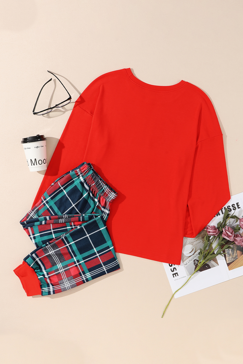Graphic Christmas Pajama Set, Long Sleeve Red Plaid Two Piece - Detail View 8 Graphic Christmas Pajama Set, Long Sleeve Red Plaid Two Piece - Detail View 8