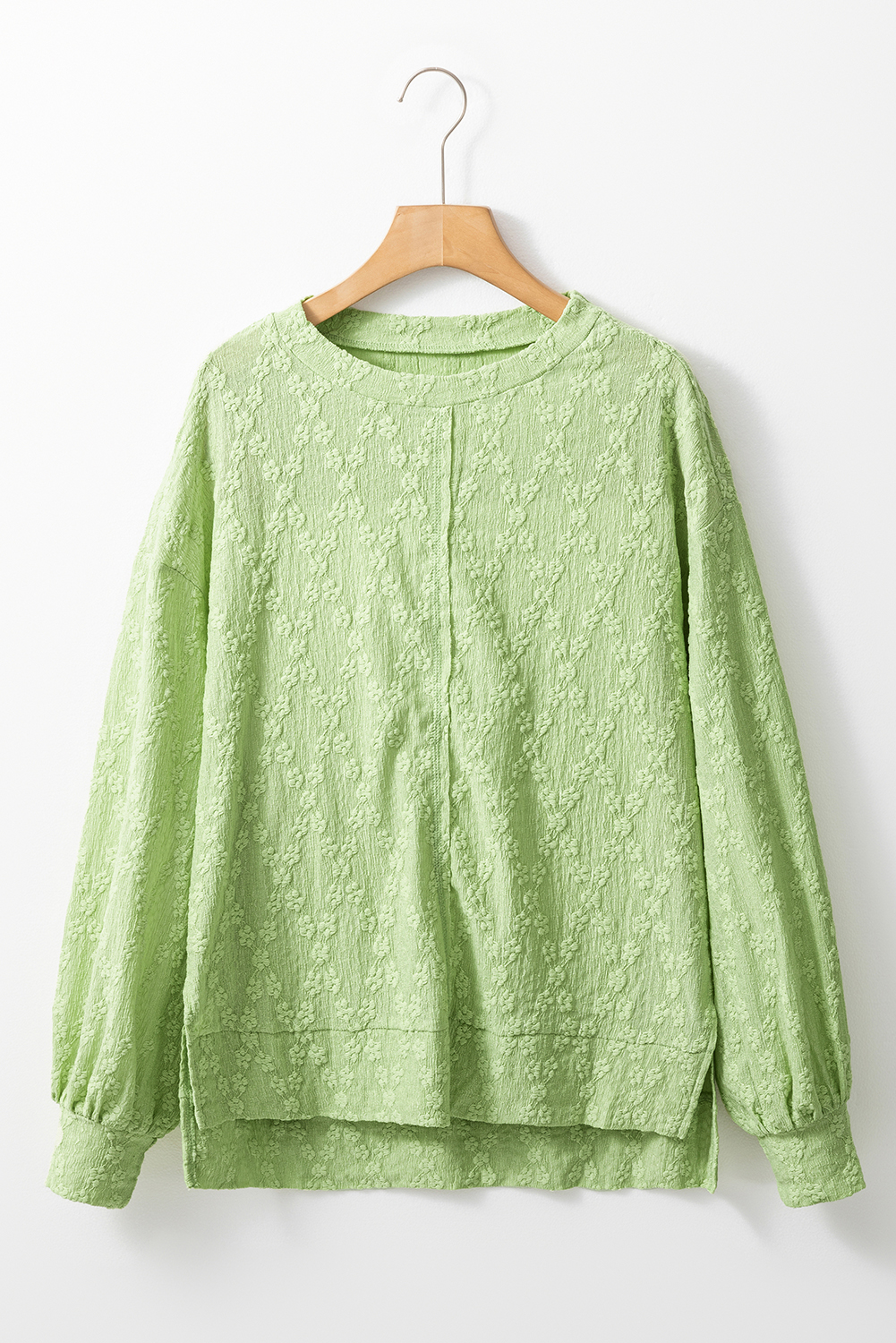 Women's Blouse, Light Green, Textured Fabric, Side Split, Crew Neck, Long Sleeve, Casual Style, Everyday Wear, Relaxed Silhouette, Soft Feel, Country Style, Southern Belle, Shift Silhouette, Tops, Blouses & Shirts, Fall Fashion - Detail View 4 Women's Blouse, Light Green, Textured Fabric, Side Split, Crew Neck, Long Sleeve, Casual Style, Everyday Wear, Relaxed Silhouette, Soft Feel, Country Style, Southern Belle, Shift Silhouette, Tops, Blouses & Shirts, Fall Fashion - Detail View 4
