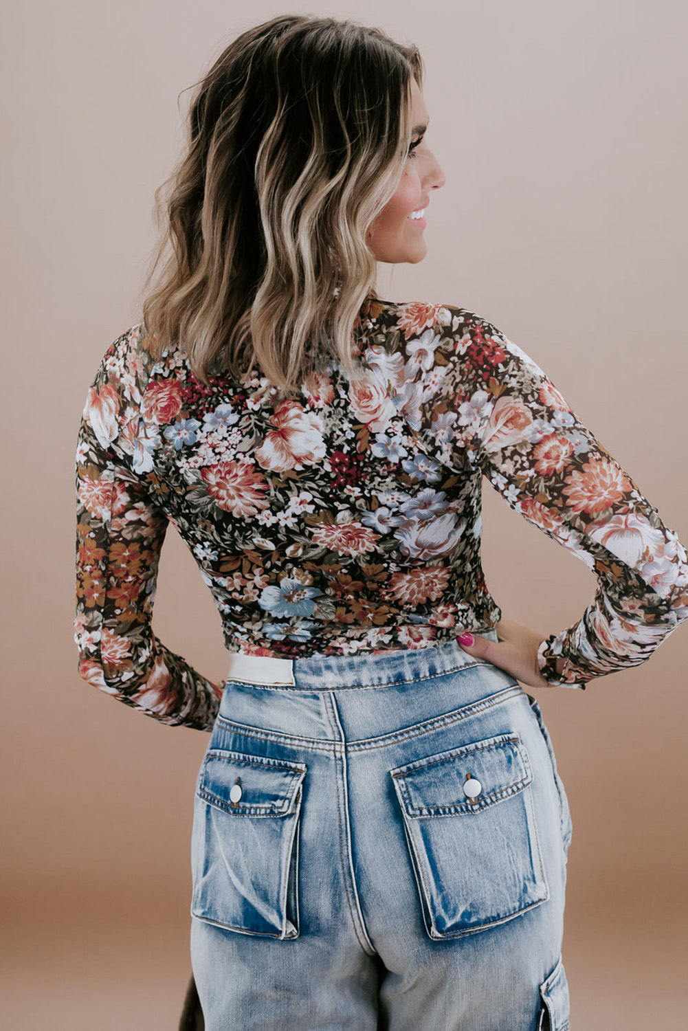 Elegant and Sophisticated Long Sleeve Blouse - Brown Floral Print, High Neck, and Sheath Silhouette - Detail View 3 Elegant and Sophisticated Long Sleeve Blouse - Brown Floral Print, High Neck, and Sheath Silhouette - Detail View 3