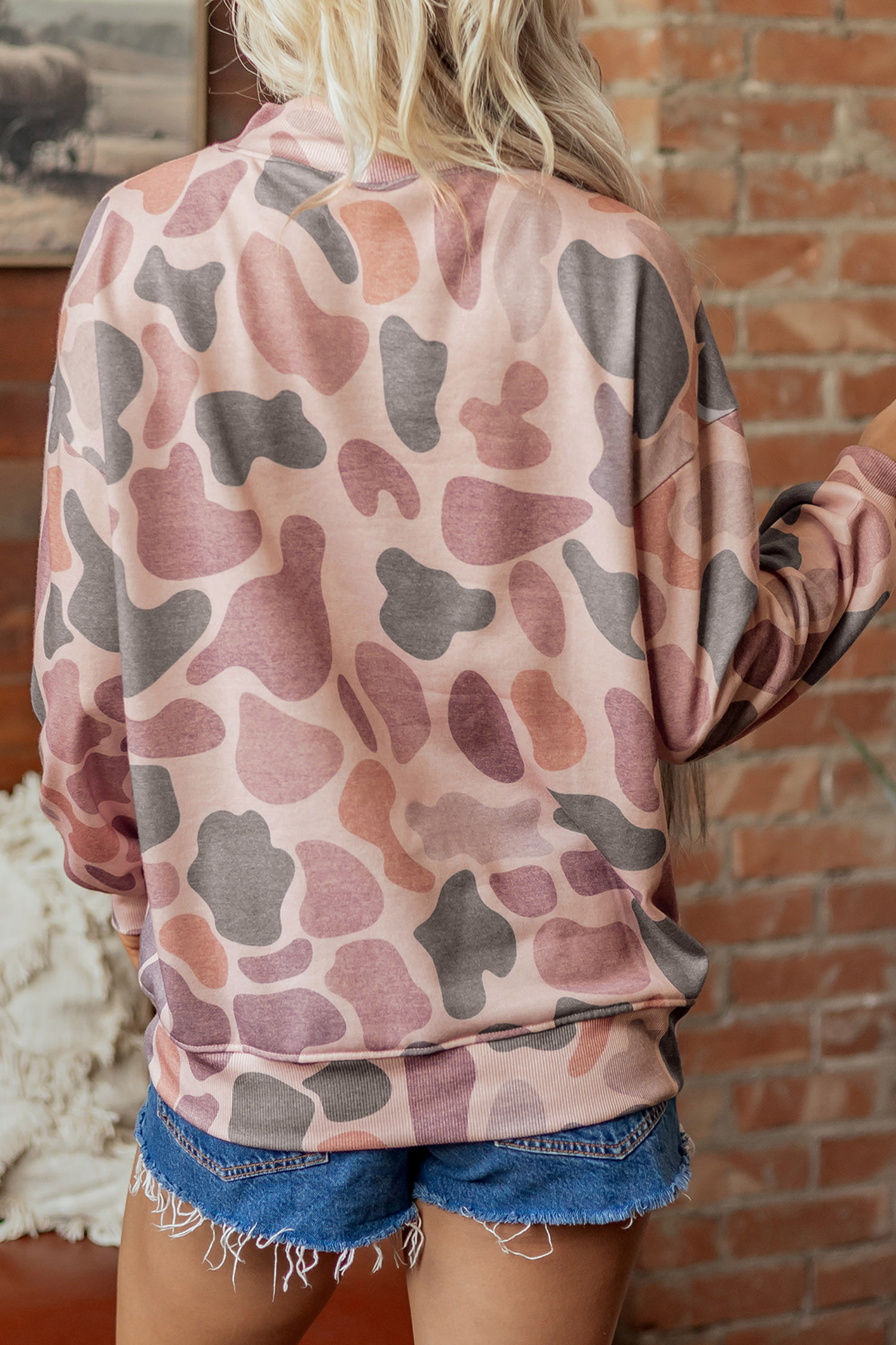 Women's Embroidered Slogan Pullover, Trendy Camo Sweatshirt - Detail View 2 Women's Embroidered Slogan Pullover, Trendy Camo Sweatshirt - Detail View 2