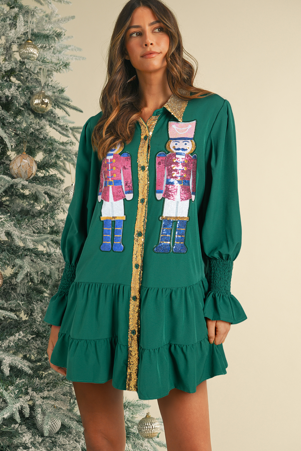 Stylish Ruffled Long Sleeve Mini Dress with Cartoon Nutcracker Design for Christmas - Detail View 3 Stylish Ruffled Long Sleeve Mini Dress with Cartoon Nutcracker Design for Christmas - Detail View 3