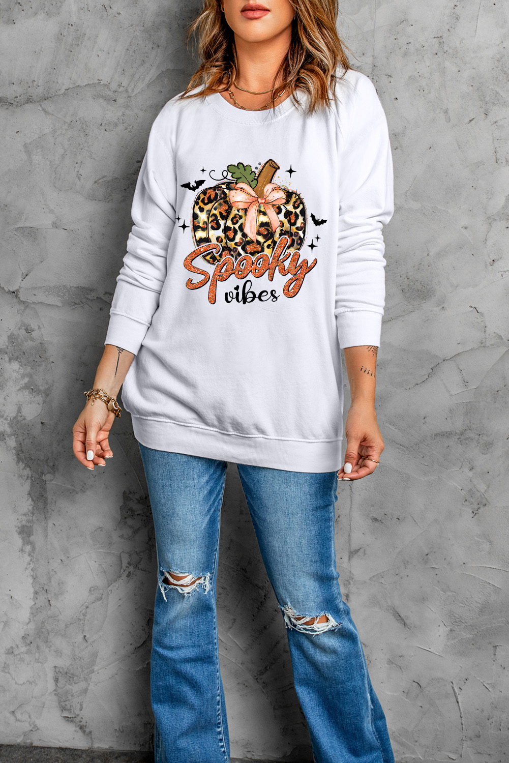 Women's Beige Spooky Leopard Pumpkin Print Crew Neck Sweatshirt - Detail View 6 Women's Beige Spooky Leopard Pumpkin Print Crew Neck Sweatshirt - Detail View 6