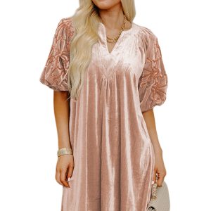 Women's Velvet Shift Dress, Embroidered Sleeve Mini Casual - Main View