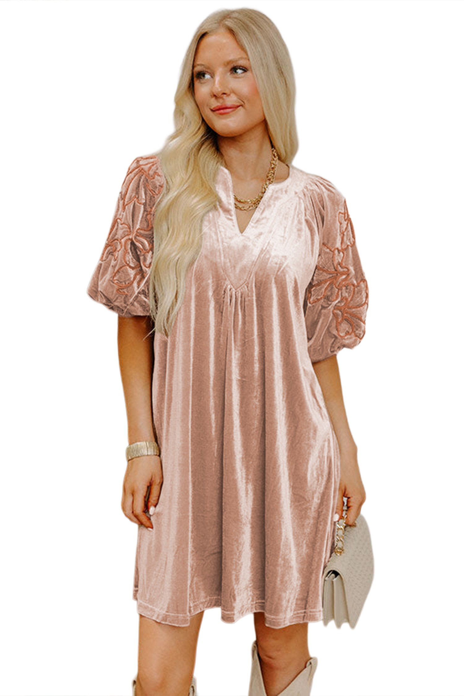 Women's Velvet Shift Dress, Embroidered Sleeve Mini Casual - Main View Women's Velvet Shift Dress, Embroidered Sleeve Mini Casual - Main View