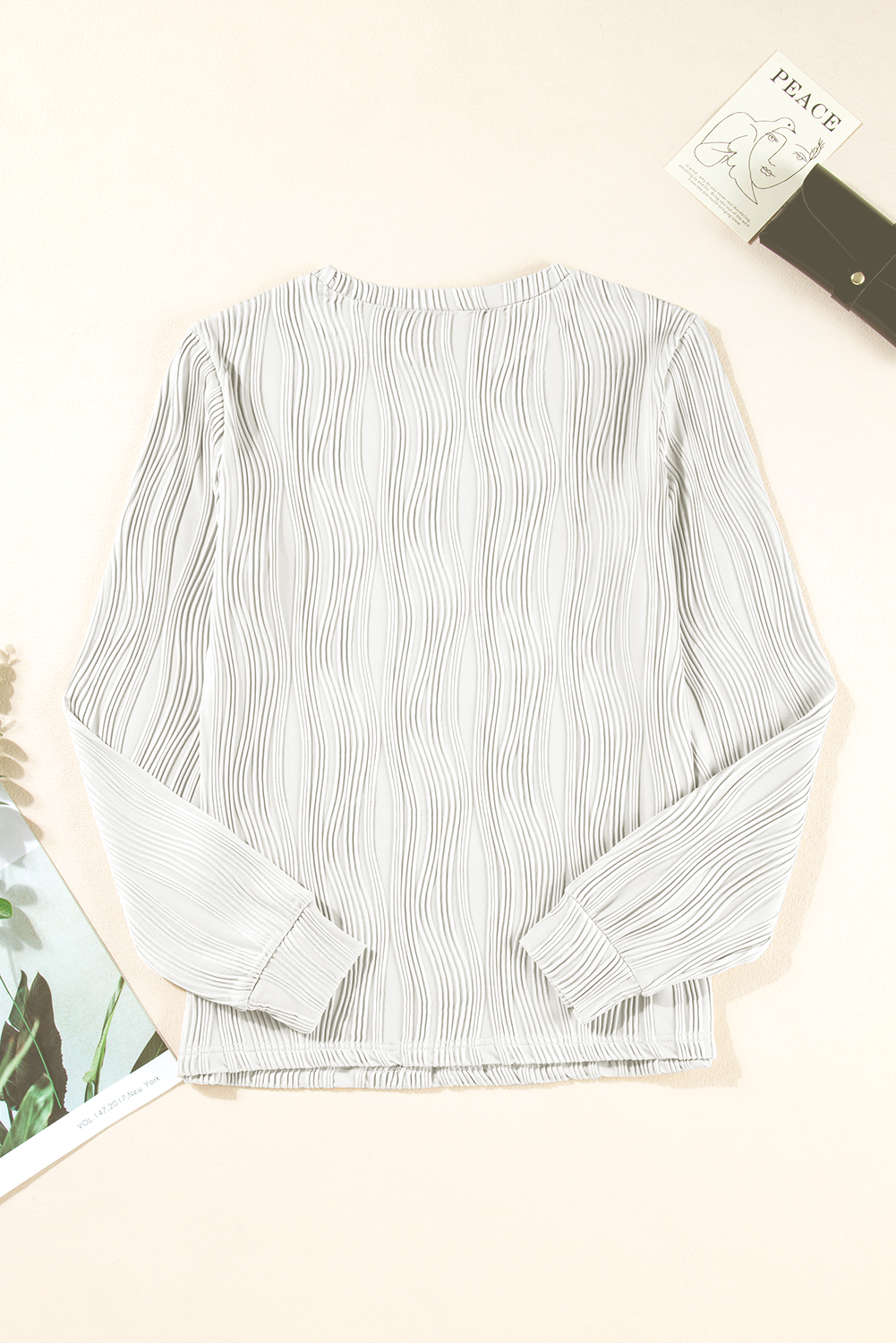 Classic Round Neck Top: Textured Wavy Fabric - White - Detail View 7 Classic Round Neck Top: Textured Wavy Fabric - White - Detail View 7