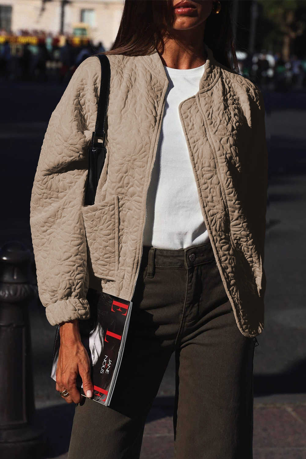 French Beige Quilted Jacket: Solid Color with Floral Pattern and Long Sleeves - Detail View 7 French Beige Quilted Jacket: Solid Color with Floral Pattern and Long Sleeves - Detail View 7