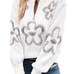 Women's White Contrast Flower Half Zipper Stand Neck Sweater - Main View