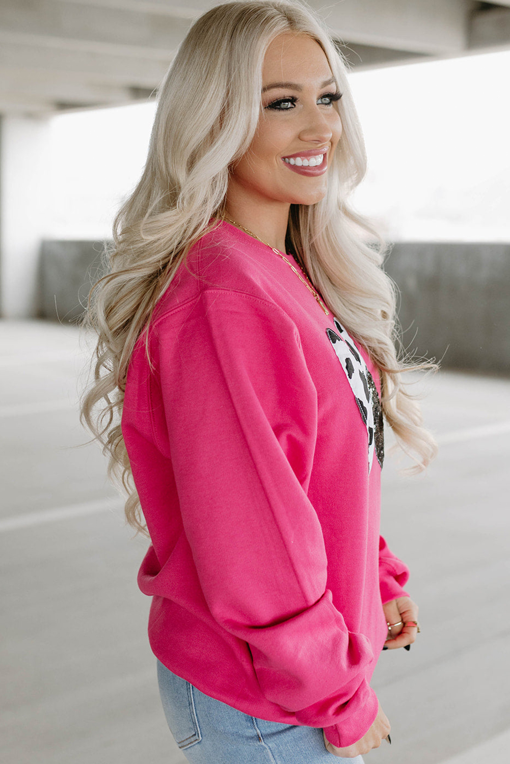 Women's Strawberry Pink Sweatshirt, Sequin Heart Graphic - Detail View 4 Women's Strawberry Pink Sweatshirt, Sequin Heart Graphic - Detail View 4
