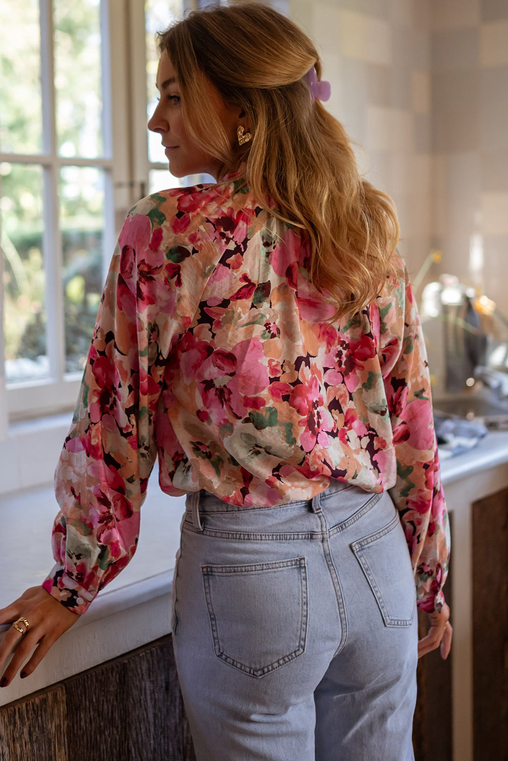 Elegant Long Sleeve Shirt: Red Floral Print with Charming Ruffled Accents - Detail View 2 Elegant Long Sleeve Shirt: Red Floral Print with Charming Ruffled Accents - Detail View 2