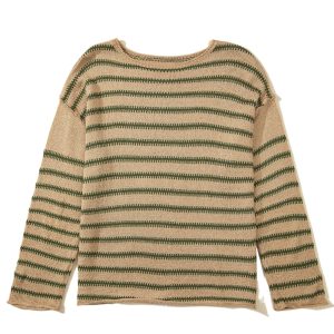Women's Khaki Stripe Drop Shoulder Casual Sweater - Soft and Chic - Main View