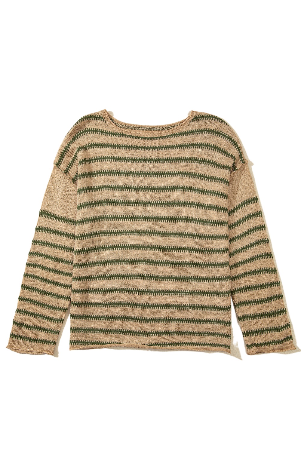 Women's Khaki Stripe Drop Shoulder Casual Sweater - Soft and Chic - Main View Women's Khaki Stripe Drop Shoulder Casual Sweater - Soft and Chic - Main View