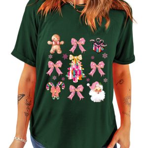Women's Green Merry Christmas Element Graphic Tee with Santa, Gingerbread Man, and Christmas Tree - Main View