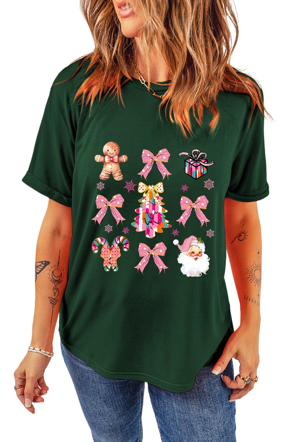 Women's Green Merry Christmas Element Graphic Tee with Santa, Gingerbread Man, and Christmas Tree - Main View Women's Green Merry Christmas Element Graphic Tee with Santa, Gingerbread Man, and Christmas Tree - Main View